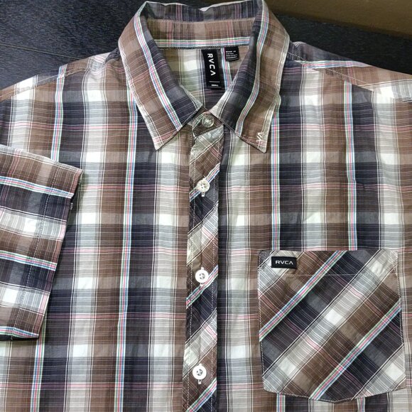 RVCA Men's Plaid Short Sleeve Button Up Shirt Brown/Cream SIZE SMALL - Picture 1 of 7